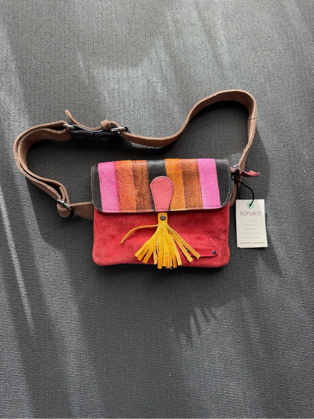 Soruka One of a Kind Leather Belt Bag Recycled Patchwork Tassel NWT
